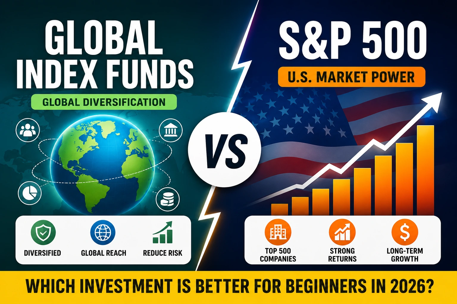 Global Index Funds vs S&P 500 comparison for beginner investors showing diversification, returns, and long-term growth potential.