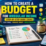 Colorful illustration showing the best budgeting method for irregular income with a step-by-step financial planning system, savings, budgeting, investing, and money management concepts.