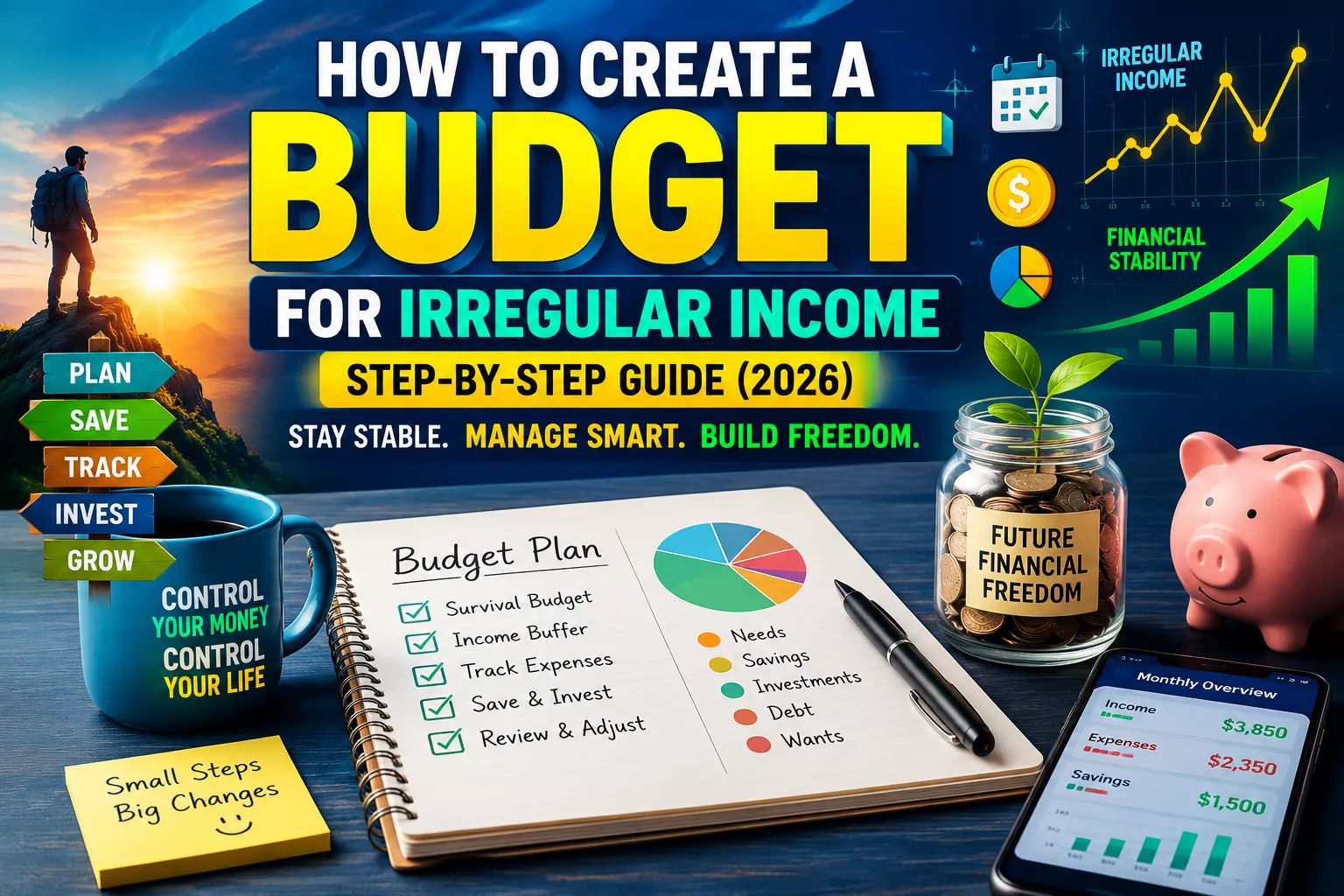Colorful illustration showing the best budgeting method for irregular income with a step-by-step financial planning system, savings, budgeting, investing, and money management concepts.