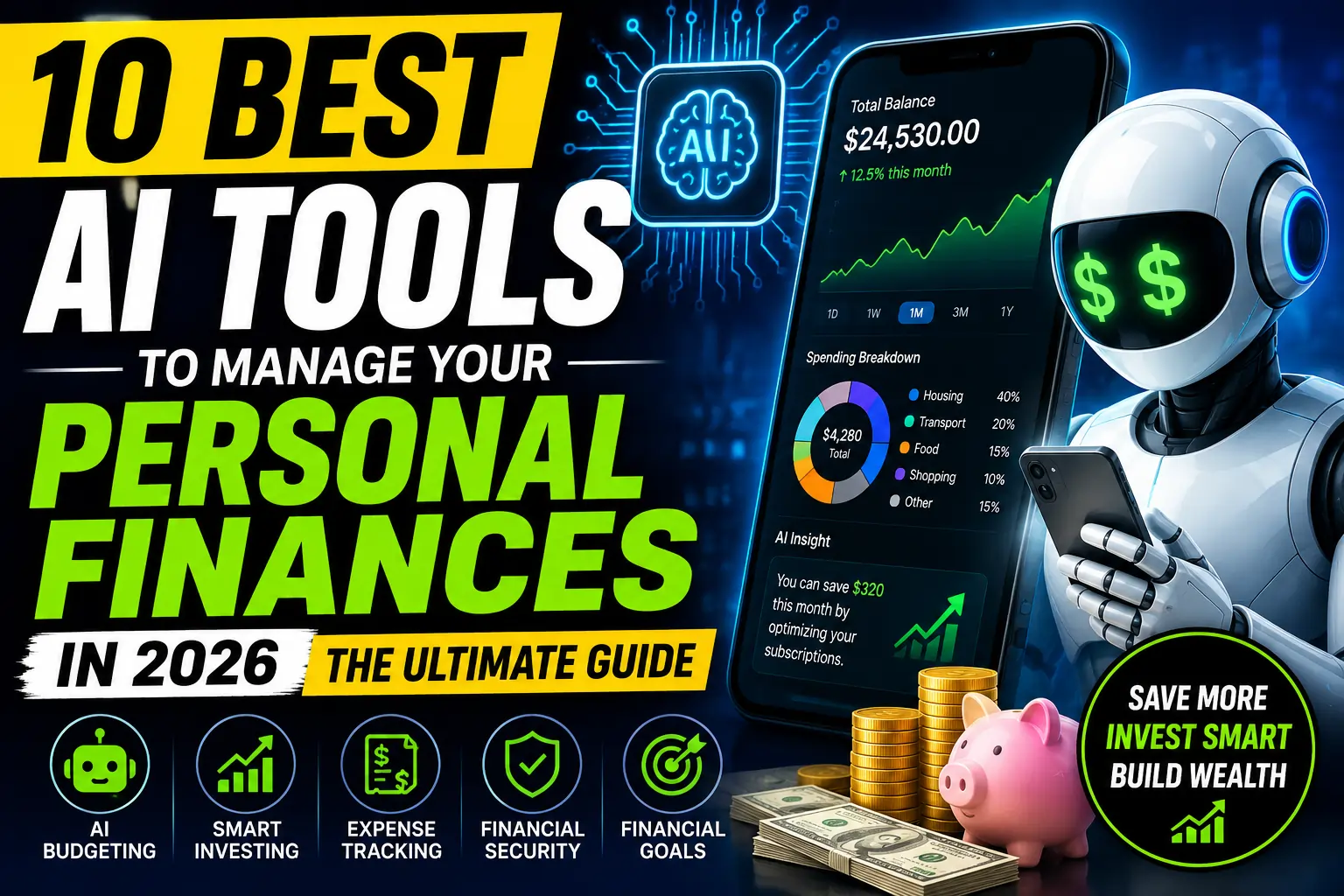 Alt Text: 10 Best AI Tools to Manage Your Personal Finances in 2026 infographic showing AI budgeting, expense tracking, financial planning, and money management apps.