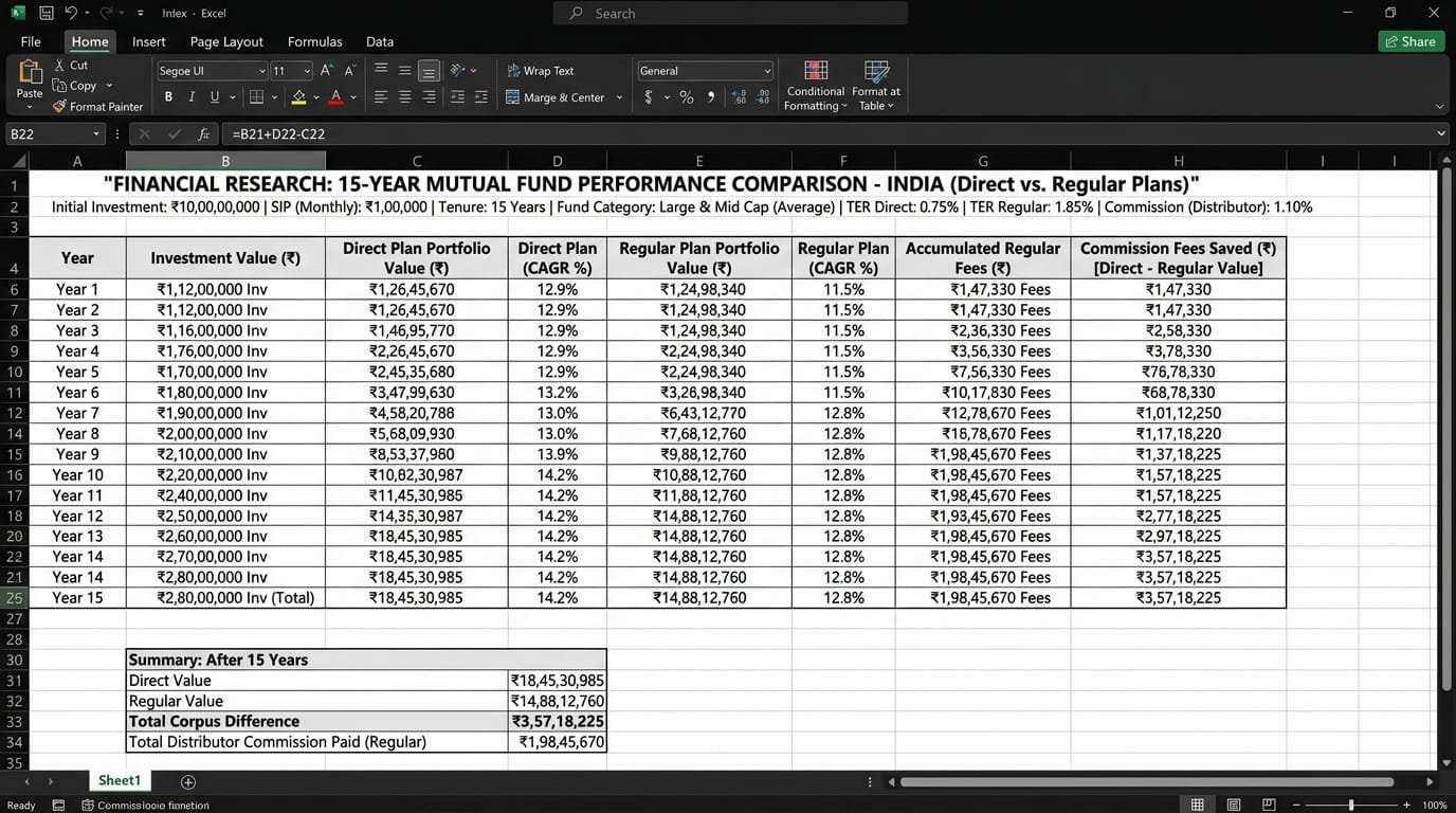 Direct Plan vs Regular Plan 1.5% Broker Commission Fee Comparison Data Sheet