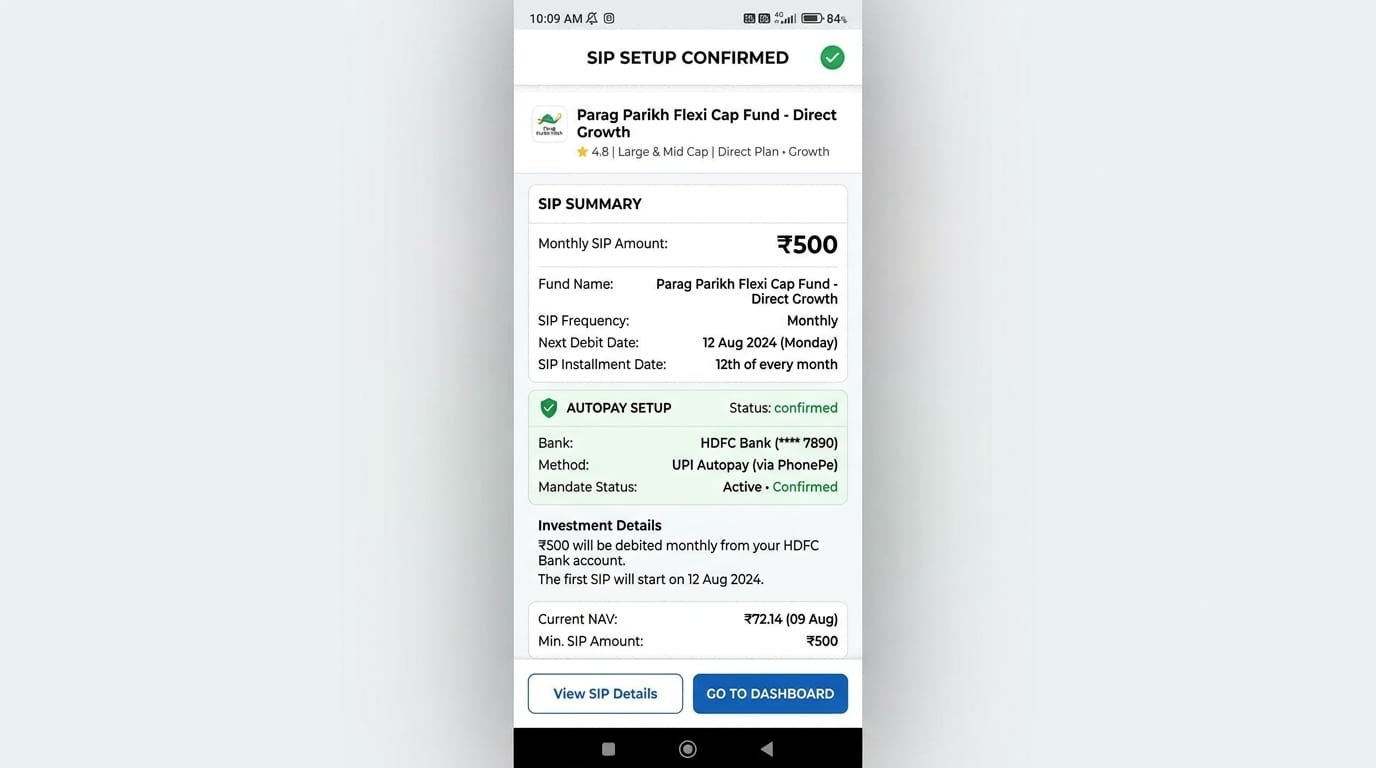 Mobile Investment App SIP Setup Screen on Groww and Zerodha Coin for College Students