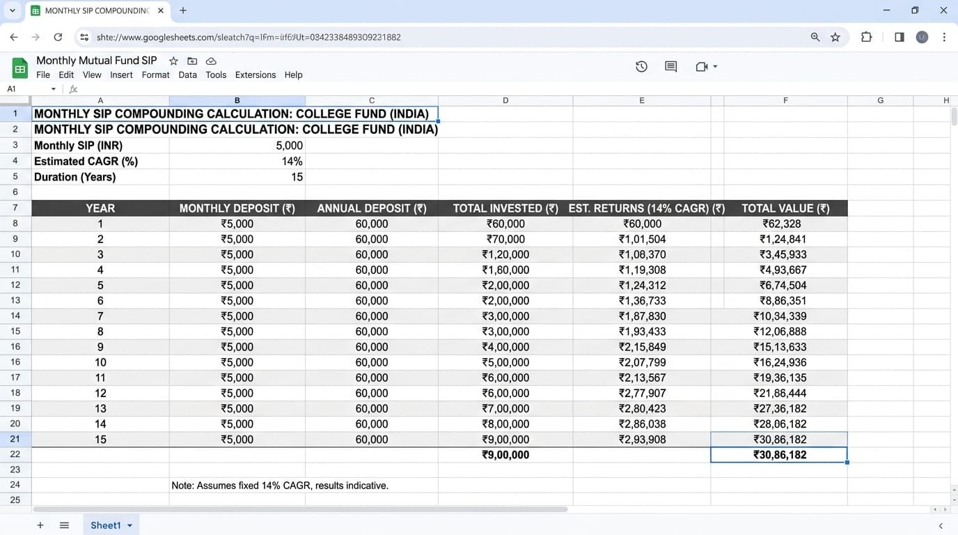 Mutual Fund SIP Compounding Calculator Sheet for College Students Starting at Age 18